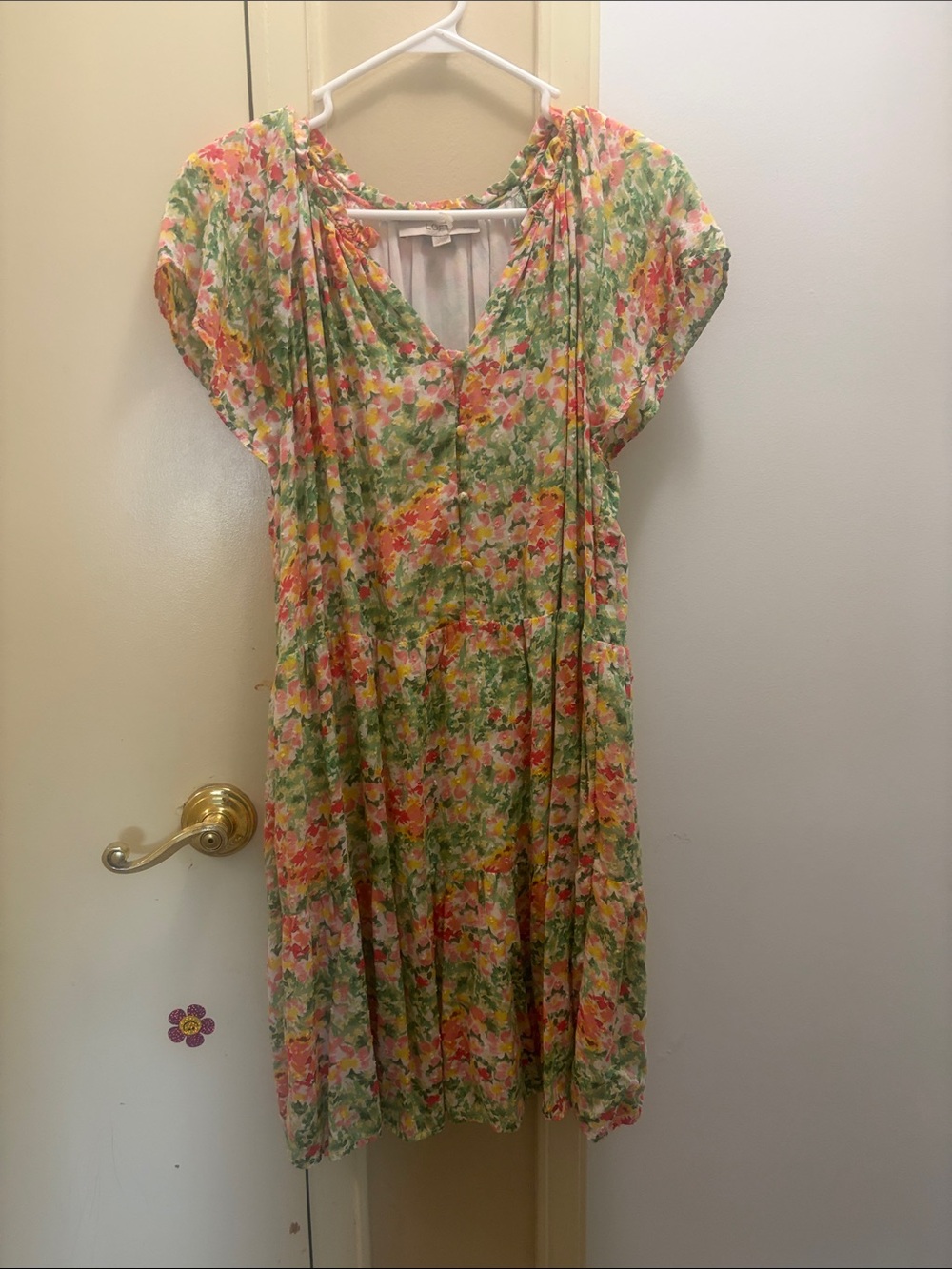 LOFT Floral V-Neck Midi Dress in Pink, Green & Cream